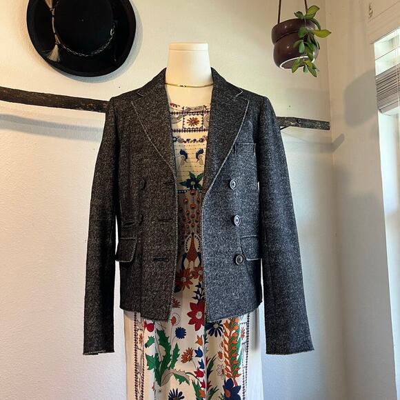 J.Crew Marled Cotton Wool Herringbone Black Charcoal Double Button Jacket Size 8 - Picture 1 of 12